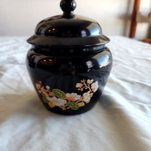Black Amethyst Glass Ginger Jar with Cherry Blossom Lidded Avon 1974